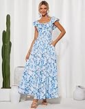 GRACE KARIN 2025 Women's Summer Dresses Off Shoulder Floral Print Boho Dress Flowy A Line Maxi Dress Blue L