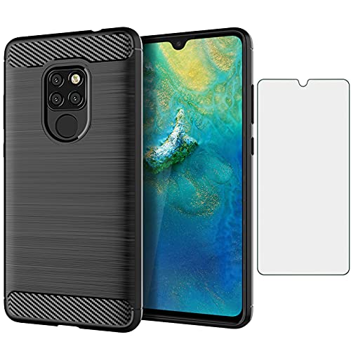Asuwish Phone Case for Huawei Mate 20 with Tempered Glass Screen Protector Cover and Cell Accessories Soft TPU Full Body Protective Huwai Hwauei Hawaii Mate20 P20 Carbon Fiber Women Men Navy Black