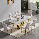 7 Piece Dining Table Set, White Marble Dining Table Set for 6, Luxury Dining Room Table Set, 70" Rectangular Faux Marble Dining Table with Beige Velvet Chairs, Kitchen Dining Table Chairs Set of 6