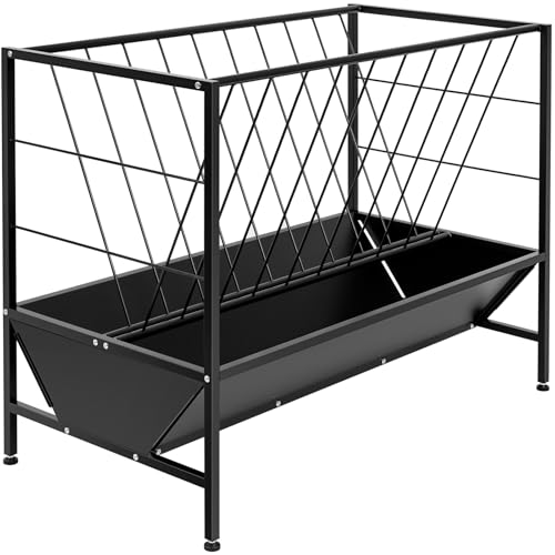 HomiShare Pasture Hay Feeder 50 Gallon, Heavy Duty 2-in-1 Livestock Feeder, Hay Grain Feeding with 30 Gallon Feed Pan, Black Powder Coated Surface Steel Livestock Feeder for Sheep, Calf, Cow and Horse
