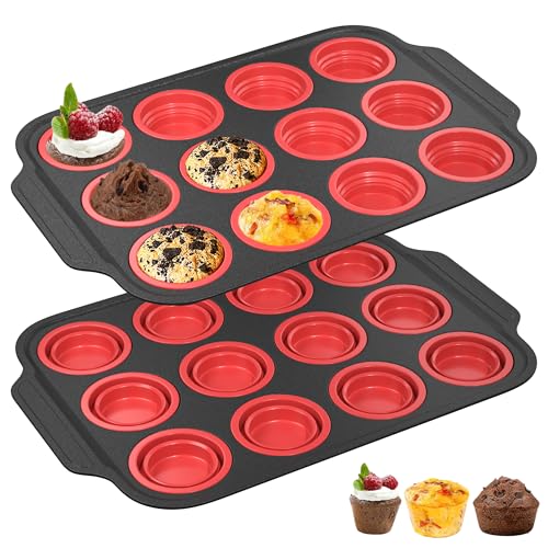 SW FUTURE 2Pack Non-Stick Silicone Muffin Pan With Steel Frame, 12 Cup Silicone Cupcake Pan, BPA Free Silicone Cupcake Mold, Durable & Easy to Pop Silicone Muffin Tin for Oven Dishwasher Safe