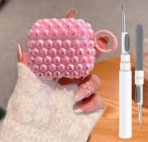 Cute Glitter Pearls Case for Airpods 4 Cover Girls Women, Soft Handmade Beads TPU Airpods 4th Generation Protective Cover with Cleaner Pen&Keychian for Air Pod Gen 4, Pink