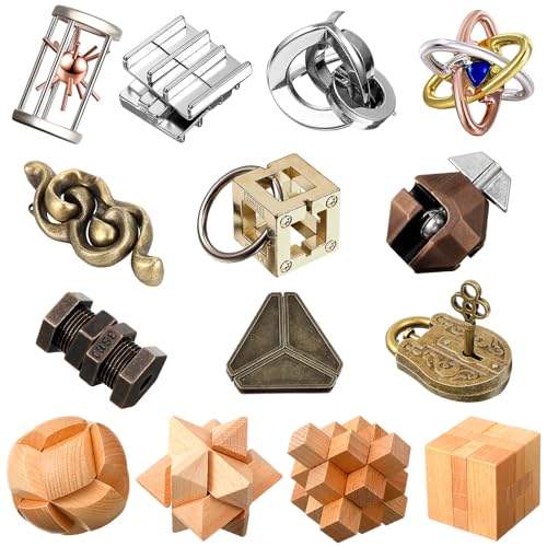Syhood 14 Pcs Brain Puzzles Teaser for Adults Metal 3D Steel Mind Games Wooden Unlock Interlocking Puzzle Adult Iq Education Toys Smart Toy(Educational)