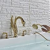 WuDLi Widespread Swan Bathtub Faucet Golden Tub Mixer Tap Deck Mounted 3 Handle Swan Bath Shower Set with Pull Out Handshower Head,Swan Faucet B