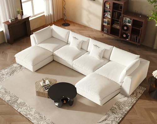 Oversized Modular Sectional Sofa,Cloud Couch Sectional Deep Seat Sofa Cushion Covers Removable,Oversized Sectional Couches for Living Room(6 Seater U Shaped-Off White)