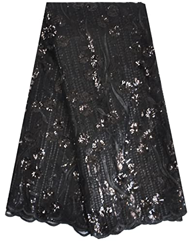 SanVera17 African Fabric 3D Sequins Net Fabrics Nigerian Embroidered Lace Fabric for Party Dress (Black) 5 Yards 320304