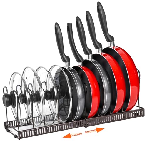 ROOHUA Pot Rack -Expandable Pan Organizer for Cabinet,Pot Lid Holder with 10 Adjustable Compartment for Kitchen Cabinet Cookware Baking Frying Rack,Bronze
