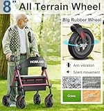 HOMLAND Walkers for Seniors with Seat, Foldable Rollator Walker, Reinforced Aluminum Frame, 8" Big Rubber Wheels for All Terrain, Height Adjustable Lightweight Rolling Walker