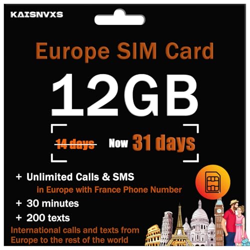 Prepaid SIM Card for Europe Travel with 12GB of 4G Data, Unlimited Calls and SMS in Europe with France Phone Number, 30 mins and 200 SMS from Europe to Worldwide(Lasts for 31 Days),Tethering Allowed