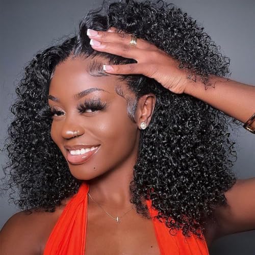 Punmasa 14 Inch Bob Wig Human Hair 13x6 Frontal Lace Wig 200% Density HD Lace Front Wigs Human Hair Pre Plucked Short Bob Wigs for Black Women 100% Real Human Hair Curly Natural Black
