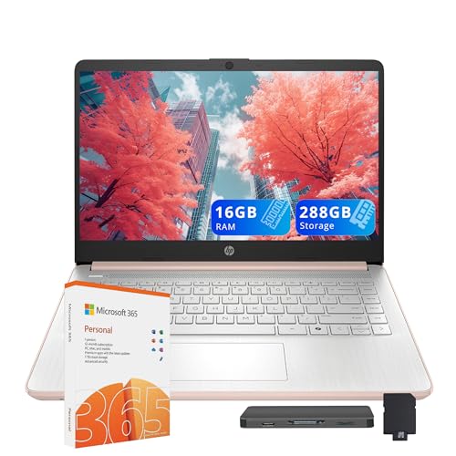 HP Stream 14" HD Laptop, Intel Celeron N150, 16GB RAM, 288GB Storage (128GB UFS + 160GB SSD Docking Station Set), Intel UHD Graphics, HD Webcam, WiFi, Bluetooth, 1 Year Office 365, Win 11 S, Gold