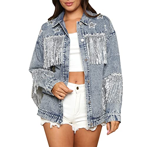 Womens Fringe Denim Jacket Long Sleeve Casual Rhinestones Tassel Embellished Stars Jean Coat X-Large