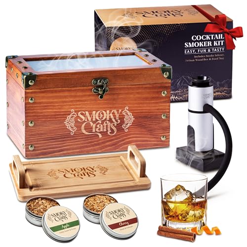Smoky Crafts Old Fashioned Smoker Kit - Whiskey Smoker Kit with Smoking Gun, Cocktail Smoke Box, Food Tray and Wood Chips (Apple & Cherry) - Bourbon Gifts for Men (Torch Not Required)