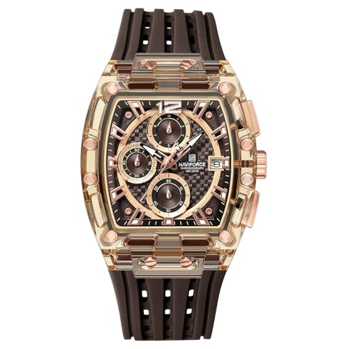 NAVIFORCE Men's Watch Fashion Sport Rectangle Wrist Watches (Chronograph/Waterproof/Luminous/Calendar) Silicon Strap Quartz Watch for Men (Gold)