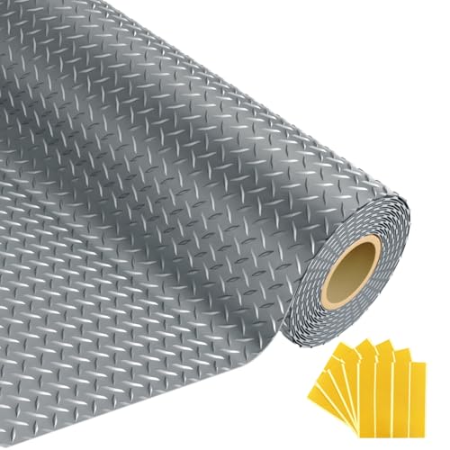 Grandroad auto 8x20 FT Garage Floor Mat, 2.8mm Thickened Flooring Roll Diamond Plate PVC Rubber Trailer Mat with 20Pcs Tapes, Non-Slip Floor Protector Mat for Garage, Warehouse, Gyms, Trailer, Gray