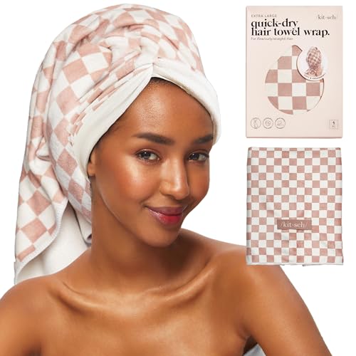 Kitsch XL Microfiber Hair Towel Wrap for Women – Ultra Absorbent Microfiber Towel for Wet, Curly, Long or Short Hair – Quick Dry, Anti-Frizz Hair Wrap – Terracotta Checkered, 40x24 inches