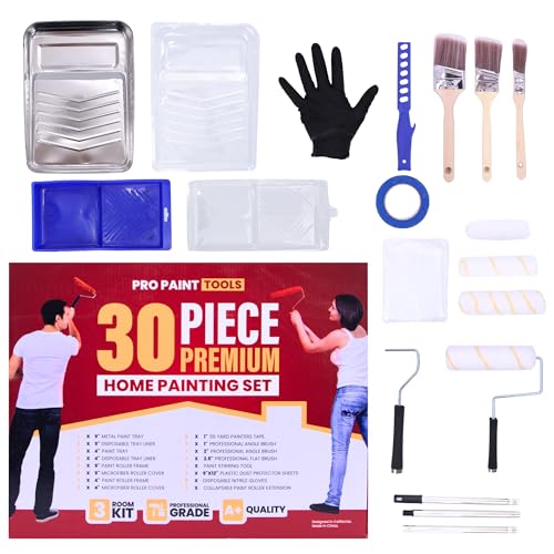 30 Piece Home Painting Kit by Pro Paint Tools | Complete Home Paint Supplies with Brushes, Rollers, Trays & Accessories | Wall Painting Set for Interior & DIY Projects