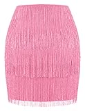 MANER Women’s Fringe Skirt Stretchy Sparkly Bodycon Tassel Trim Mini Skirt (Large, Sparkly Pink)