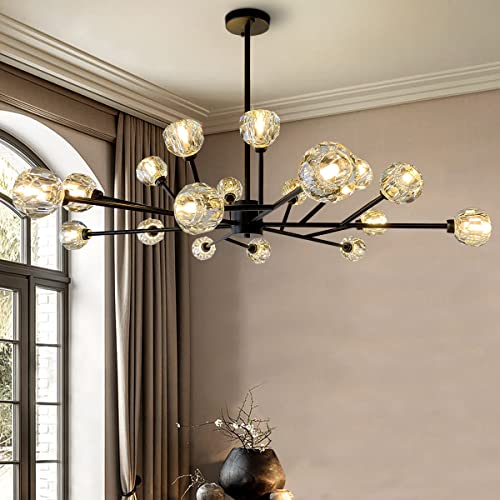 Saffbei Sputnik Crystal Chandeliers Modern Pendant Light with 18-Light Branch Chandeliers Matte Black Finish Ceiling Light Fixtures for Dinning Room Living Room Bedrooms, G9 LED Bulbs Included, 42"