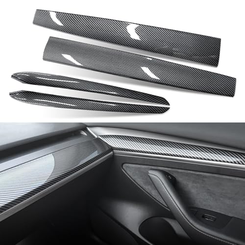 AGETIN Dashboard Cover Wrap and Front Door Trim Armrest Panel Cover Wrap Compatible with Tesla Model 3(2021-2023) and Model Y(2019-2024) Tesla Interior Cover Trim 4PCS-Gloss Carbon Fiber