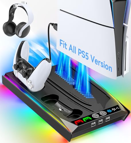 Rysker PS5/Slim/Pro Stand, PS5 Cooling Station Built-in 3-Level Cooling Fan & Fast Charger for Disc & Digital, PS 5 Accessories with Safety Screw and Headset Holder