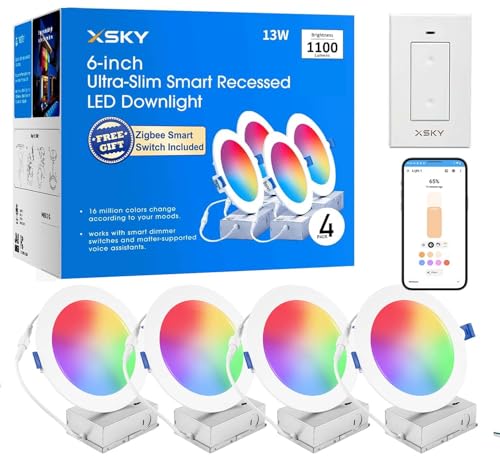 Xsky Smart Recessed Lighting 6 inch 4 Pack,Dimmer Switch Include, Zigbee 3.0 Light, RGBW Dimmable, Downlight, Compatible with Alexa, Home Assistant, SmartThings,16 Million Colors