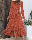 BTFBM Womens Boho Cocktail Maxi Dress Fall Fashion 2025 V Neck Long Sleeve Swiss Dot Flowy Slit Wedding Guest Dresses(Swiss Dot Orange, Small)