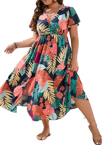 Floerns Women's Plus Size Boho Floral V Neck Short Sleeve A Line Long Dress Black Orange Tropical 2XL