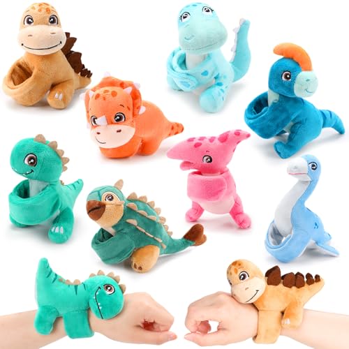 Liliful 8 Pack Kids Gifts Stuffed Animal Cat Slap Bracelets, First Day Back to School 8 Inch Plush Wrist Cute Snap Bracelet Birthday for Boys Girls Child Bulk Item Pet Adoption Party Favors(Dinosaur)