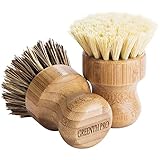 Palm Pot Brush- Bamboo Round 3 Packs Mini Dish Brush Natural Scrub Brush Durable Scrubber Cleaning Kit with Union Fiber and Tampico Fiber for Cleaning Pots, Pans and Vegetables