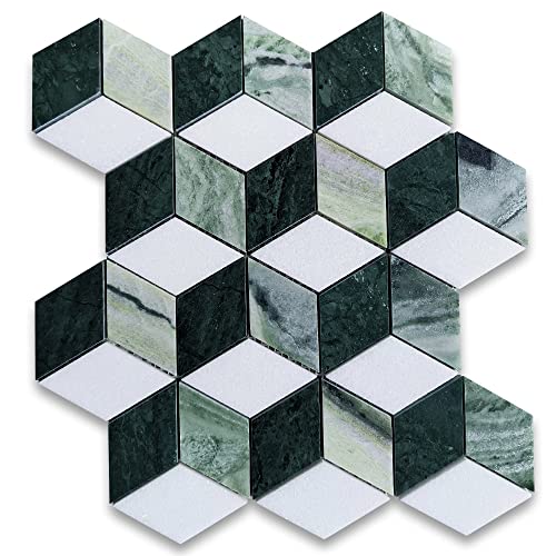 Stone Center Online Thassos White Marble 2x3 Illusion 3D Cube Rhombus Diamond Hexagon Mosaic Tile w/Green Marble Polished Kitchen Bath Wall Floor Backsplash Shower (1 Sheet)