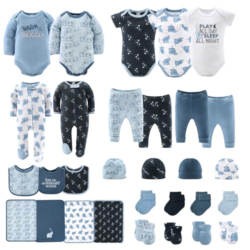 The Peanutshell Baby Layette Gift Set for Boys - 30 Piece New Born Boy Gift Set, Baby Clothes & Newborn Essentials Must Haves - Newborn Baby Clothes 0-3 Months - Elephant Blue