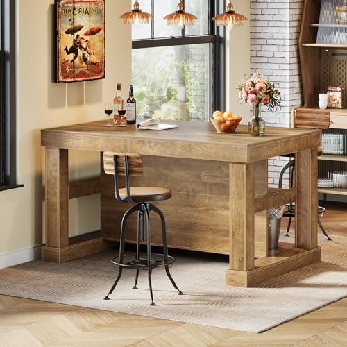 Tribesigns 55-Inch Large Home Bar Unit, 3-Tier Pub Table with Storage Shelves, Modern Freestanding Liquor Cabinet Mini Bar Table for Home Kitchen, Bistro, Basement, Living Room, Light Brown