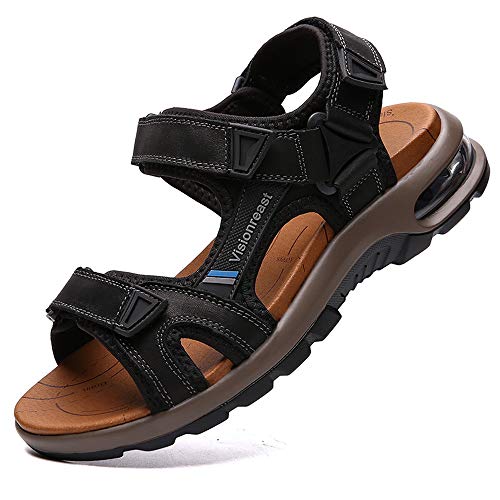 visionreast Mens Open Toe Leather Sandals Outdoor Hiking Non Slip Sandals Air Cushion Soprt Casual Beach Sandals