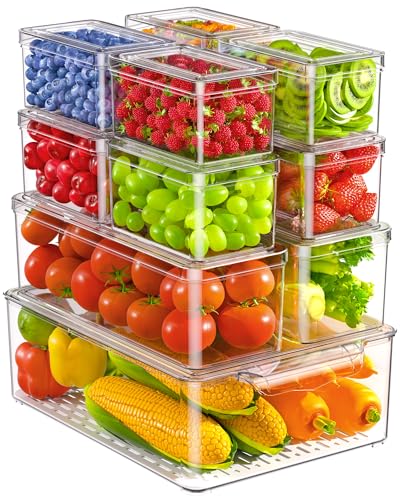 KEMETHY 11 Pack Refrigerator Organizers and Storage, Stackable Fridge Organizer Bins, BPA-Free Clear Plastic Fruit Storage Containers for Fridge, Kitchen, Fruits, Drinks, Produce, Vegetable