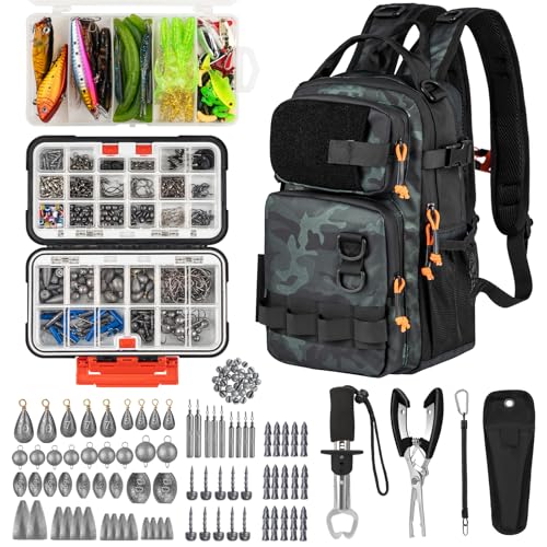 THKFISH 462 Pcs Fishing Tool Kit, Backpack and Tackle Box with Tackle Included Lures Hooks Sinkers Accessories Kit,Pliers, Fish Lip Gripper, Fishing Gear and Fishing Gift for Men