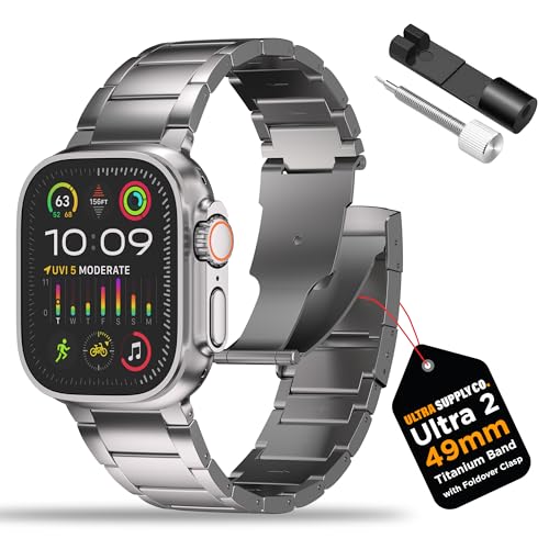 Ultra Supply Co. 49mm Titanium Band Compatible with Apple Watch Ultra 2 & 1 – Adjustable Link Metal Bracelet, Fold-Over Clasp, Waterproof, One Size Fits All, Durable, Lightweight, Titanium