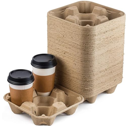 FMP Brands 4 Cup Disposable Drink Carrier Trays, Compostable Pulp Fiber Cup Holder for 8-32 oz Cup, Durable to Go Coffee Cup Holders for Delivery Service, Uber Eats - 45 Pack