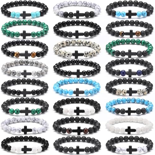 Huquary 24 pcs Cross Beads Bracelet for Men Women 8mm Couple Cross Bracelets Black Christian Healing Lava Stone Stretch Turquoise Tiger Eye Stone Natural