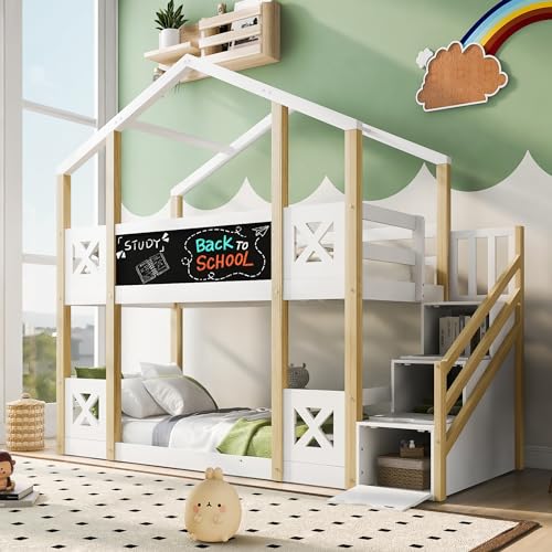 Merax Twin Over Twin House Bunk Bed Frames with Storage Staircase and Blackboard No Box Spring Needed for Teens, Girls or Boys