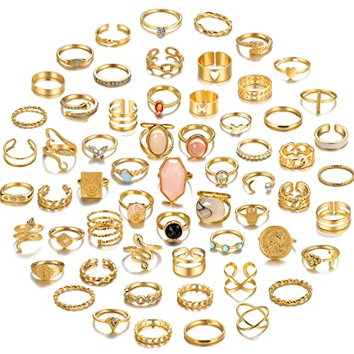 17KM 60 Pcs Gold Stacks Ring Sets for Women Non Tarnish, Dainty Vintage Stackable Rings Pack, Finger Midi Knuckle Rings for Jewelry Gift