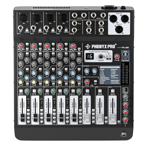 Professional 6-Channel Audio Mixer, Phenyx Pro DJ Sound Mixer Board w/Flexible AUX, BUS, SUB Routing, 16 DSP, BT Streaming & USB-B PC Recording, Mixing Console for Stage, Home Studio (PTL-600)
