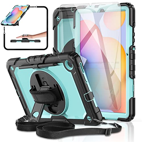 BASE MALL Tablet Case for Samsung Galaxy Tab S6 Lite 10.4 inch 2022/2020 [with Tempered Glass Screen Protector], Rotating Kickstand/S Pen Holder/Shoulder & Hand Strap (SkyBlue)