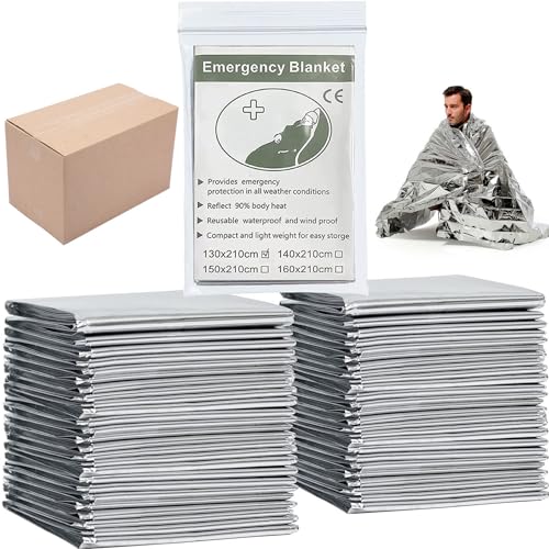 MIXIAO Emergency Foil Blanket (Pack of 50), Survival Thermal Mylar Blankets Individually Packaged Perfect for Outdoors, Hiking, Survival, Marathons or First Aid