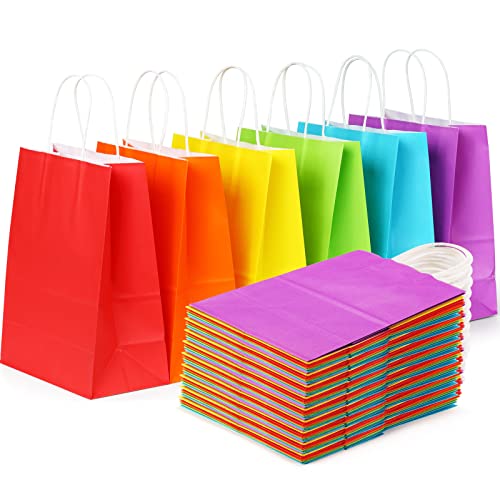 SHOPDAY 36 PCS Rainbow Kraft Paper Gift Bags with Handles, Medium Size 8 x 4.25 x 10.5 Inches, 6 Assorted Colors for Birthday, Wedding, Baby Shower, Multi-purpose Occasion