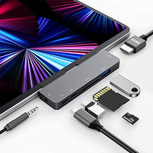 iPad Pro USB C Hub Adapter for iPad Pro 2024 M4 M2 M1,7-in-1 Hub with 4K@60Hz HDMI,3.5mm Jack,USB3.0,PD 60W,SD/TF Card Slot,iPad Air 4/5,iPad mini 6,iPad pro 13 12.9 Accessories