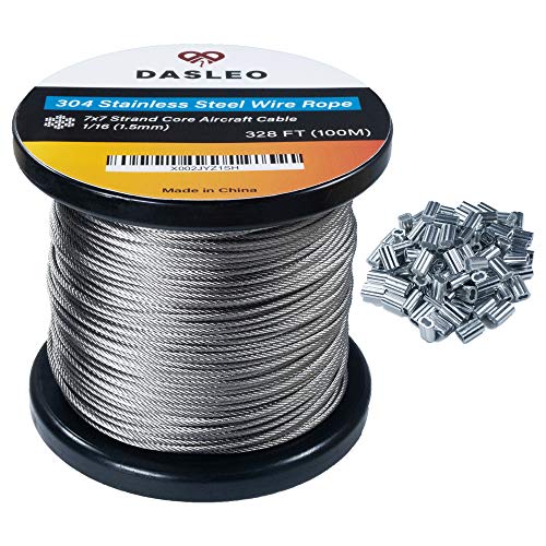Dasleo 304 Stainless Steel Wire Rope - 328 ft Waterproof & Rustproof 1/16-Inch Wire Cable - 7x7 Strand Core - 100 Hourglass Sleeves Included