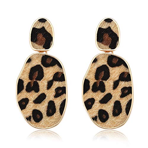 Leopard Print Earrings Lightweight Geometric Faux Leather Drop Dangle Earring Statement Animal Print Stud Earring For Women (brown leopard)