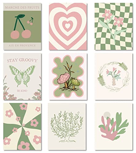 MINI ZOZI Danish Pastel Posters 8x10 9pcs Aesthetic Room Decor Green And Pink Wall Art Prints Collage Cute Coquette Trendy Preppy Coconut Girl Y2k Kawaii Indie Retro Pictures Butterfly Heart Cherry