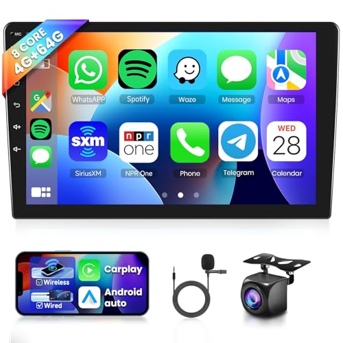 Podofo 10.1 Inch Android 13 Double Din Car Stereo with Wireless CarPlay/Android Auto, 1280 * 720P IPS Touch Screen GPS WiFi Bluetooth 32-Band DSP HD Backup Camera